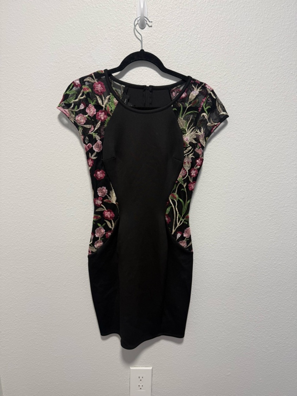 BCX Black Midi Bodycon Dress with Pink Floral Embroidery Size 5